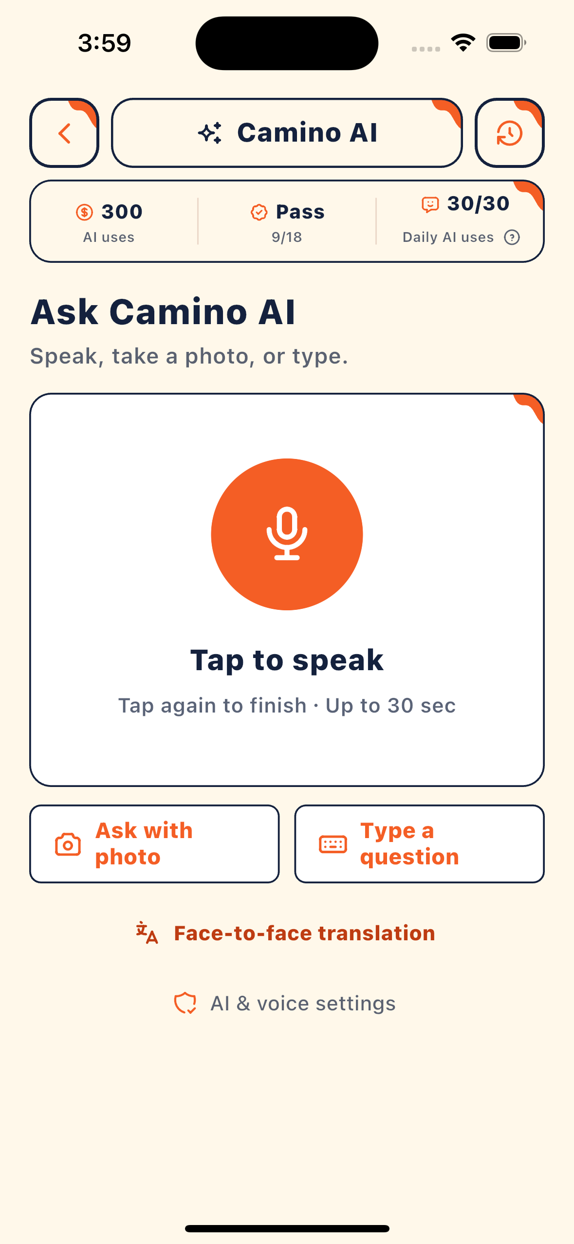 Camino AI: ask by voice, photo or text, or open face-to-face translation