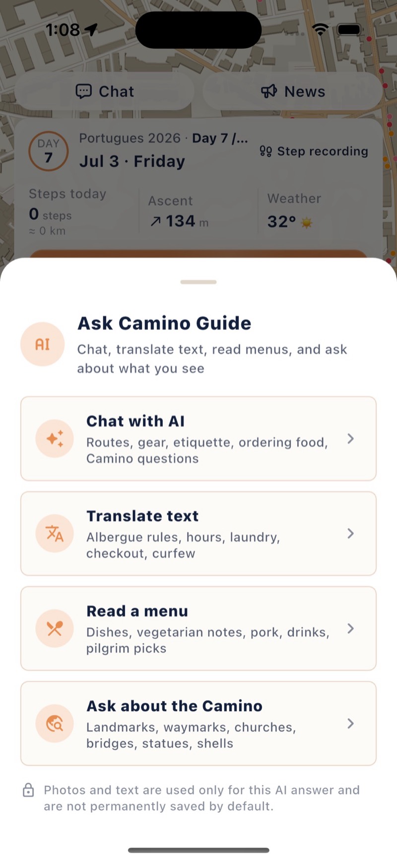 Ask Camino Guide: chat with AI, translate text, read a menu, ask about landmarks