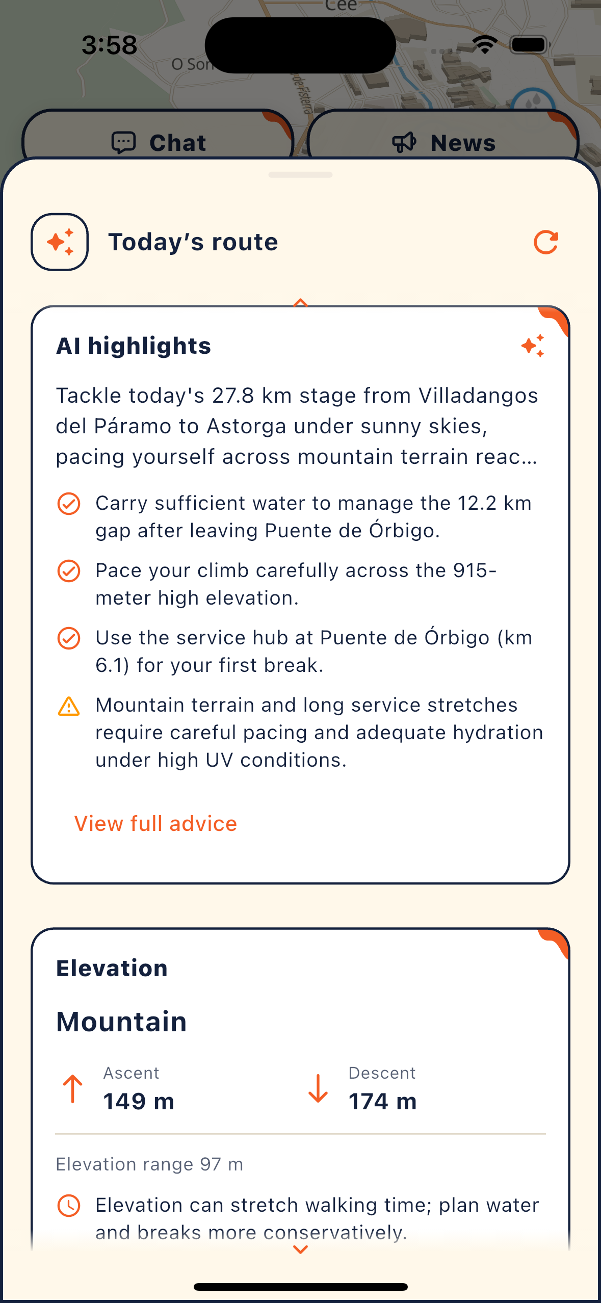 Today’s route: AI highlights, elevation and practical walking information