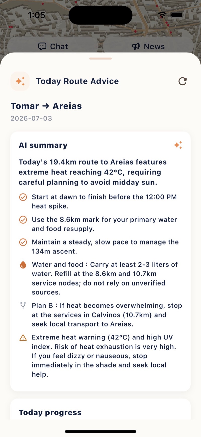 Today Route Advice: AI summary with heat warning, resupply points and a Plan B