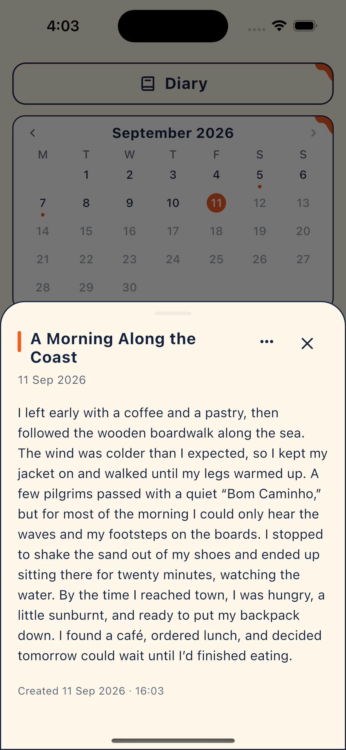 Private diary entry about a morning walk along the coast