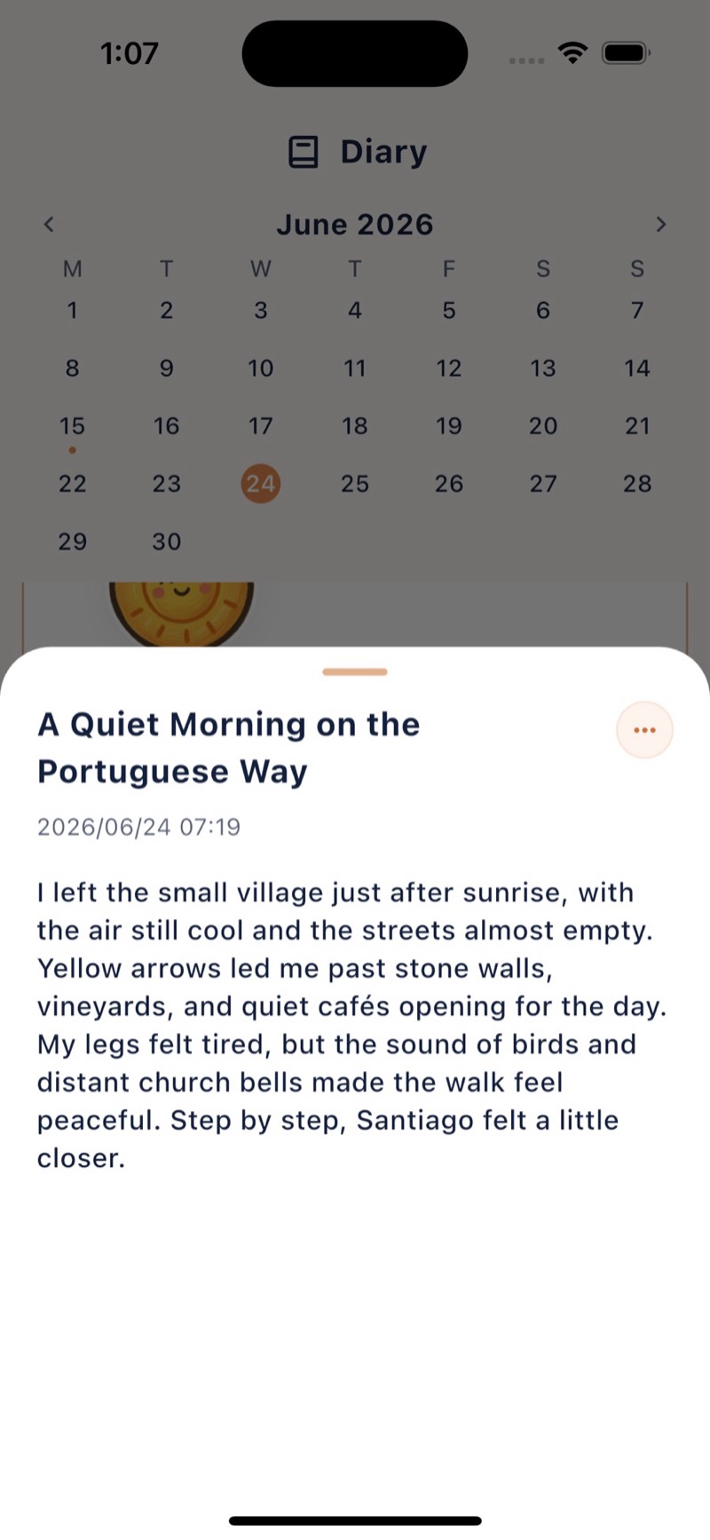 Diary with calendar and a written entry from the Portuguese Way