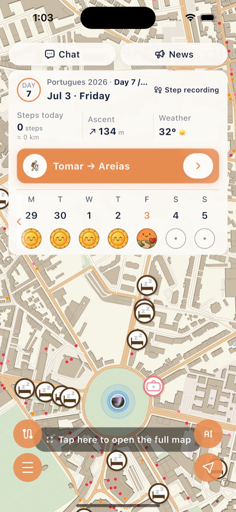 Camino GO home screen: map with today's stage, steps, ascent and weather
