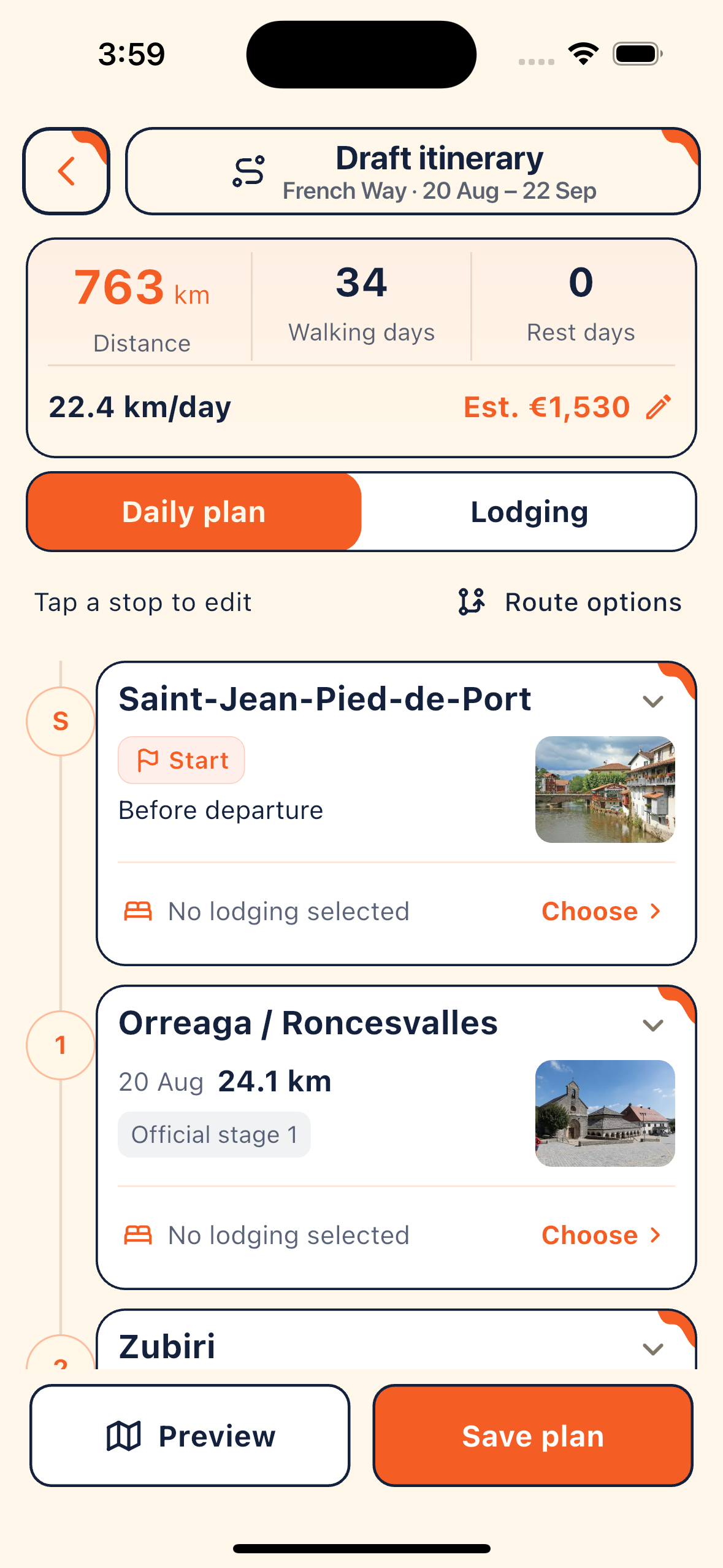 French Way draft itinerary with walking days, accommodation choices and estimated cost