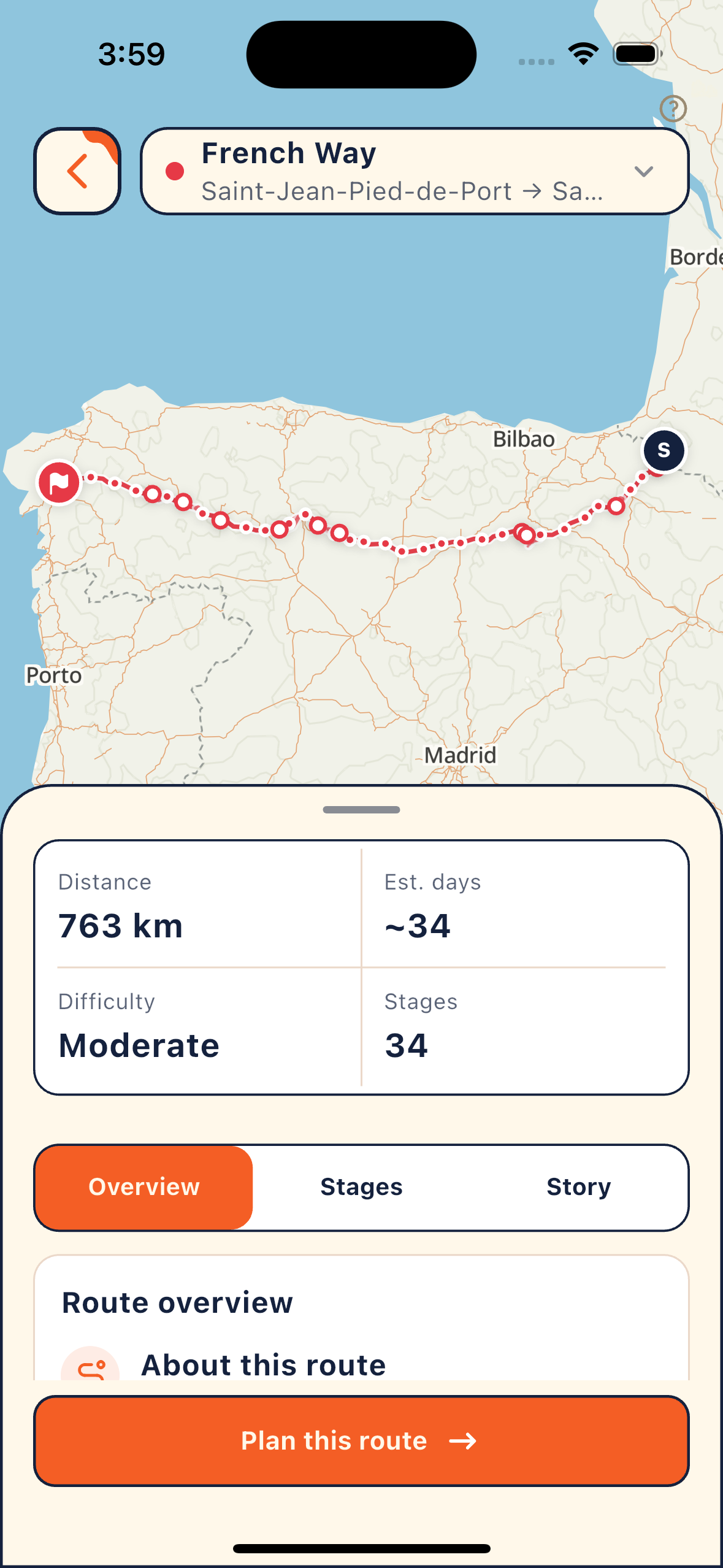 French Way overview with a route map, distance, difficulty and stages