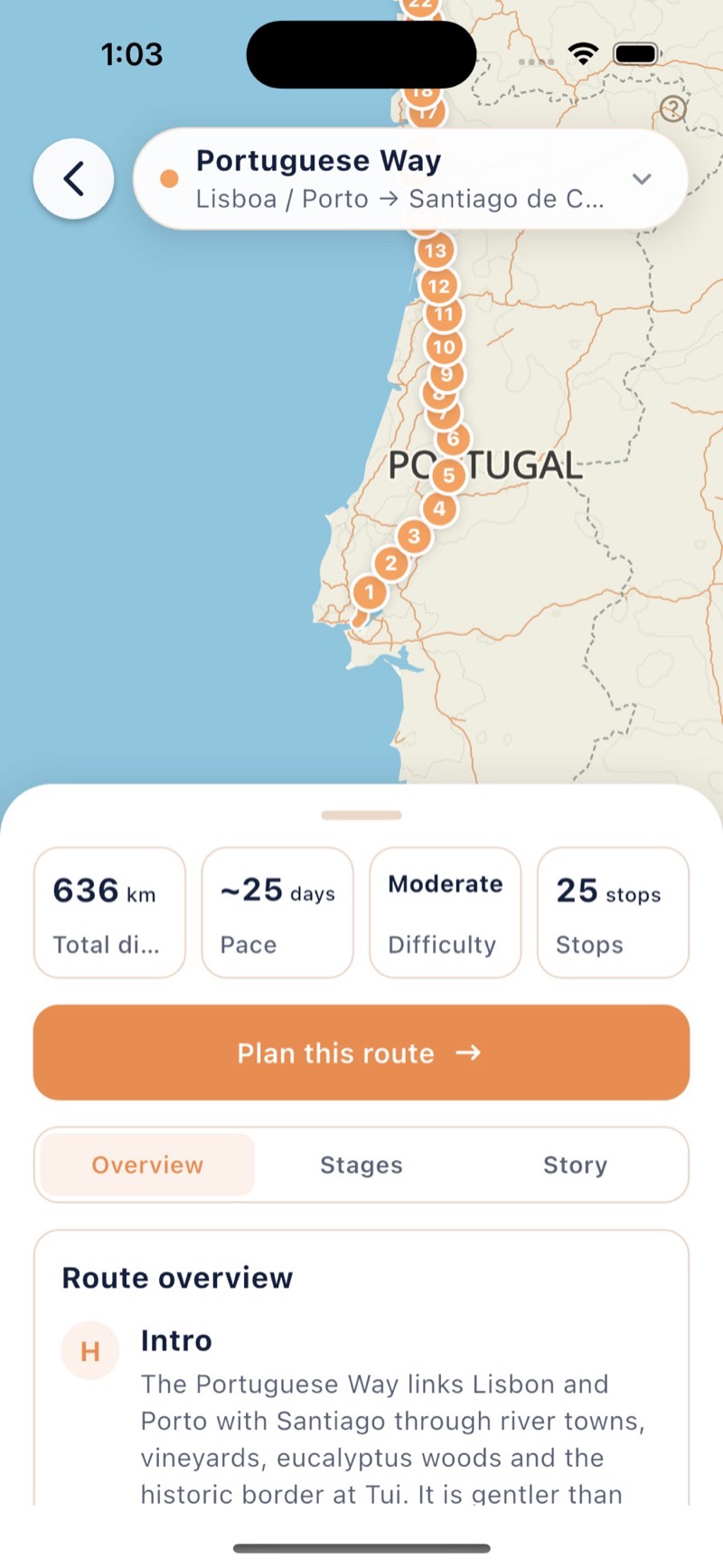 Portuguese Way route overview with distance, pace, difficulty and stops